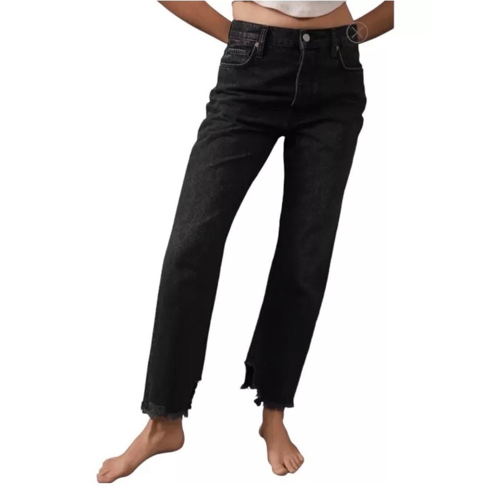 Free People The Free Tapered Baggy High Rise Boyfriend Jeans Black Raw Hem 25